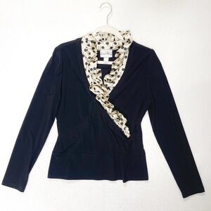 Joseph Ribkoff Black Top Blouse Polka Dot Satin Trim V Neck Size 12